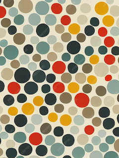Retro polka dot pattern with colorful overlapping circles in teal, orange, yellow, black, and beige