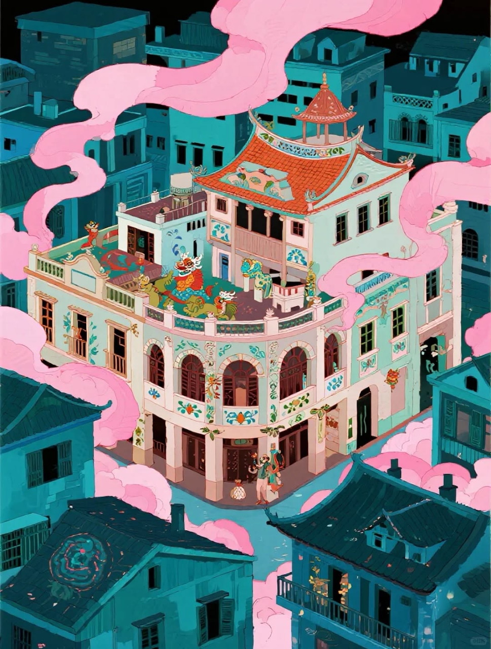 Stylized illustration of a decorative ornate building with pink and teal tones surrounded by city rooftops and clouds