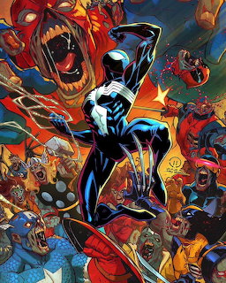 Wolverine in black symbiote suit with claws extended surrounded by Marvel characters in comic art style