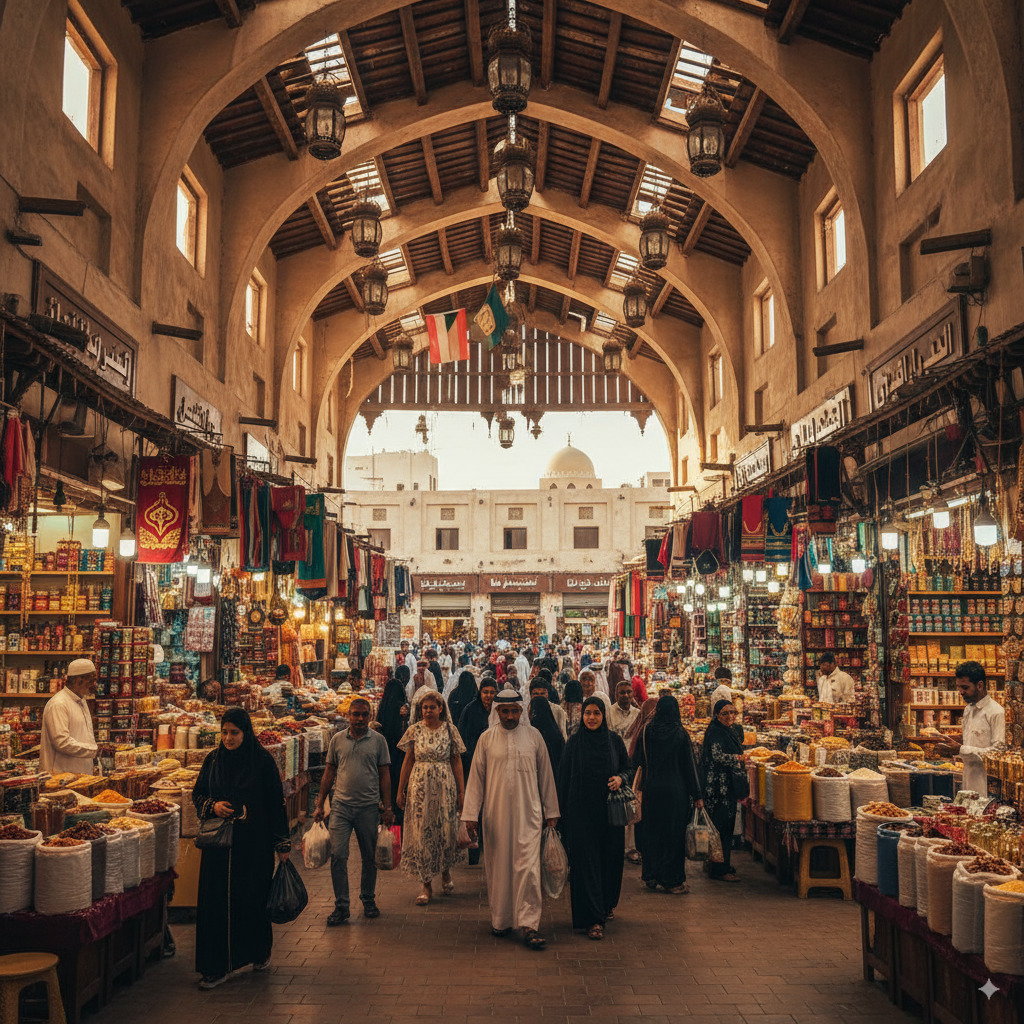 Interior of busy traditional Middle Eastern market with arched wooden ceiling and vendor stalls