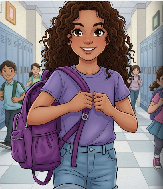 Girl with Curly Hair at School
