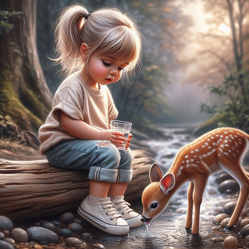 Girl Feeding Fawn by Stream