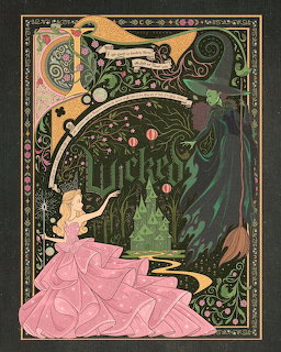 Two witches in pink and green dresses within ornate Art Nouveau frame with dragon and swirling botanical patterns