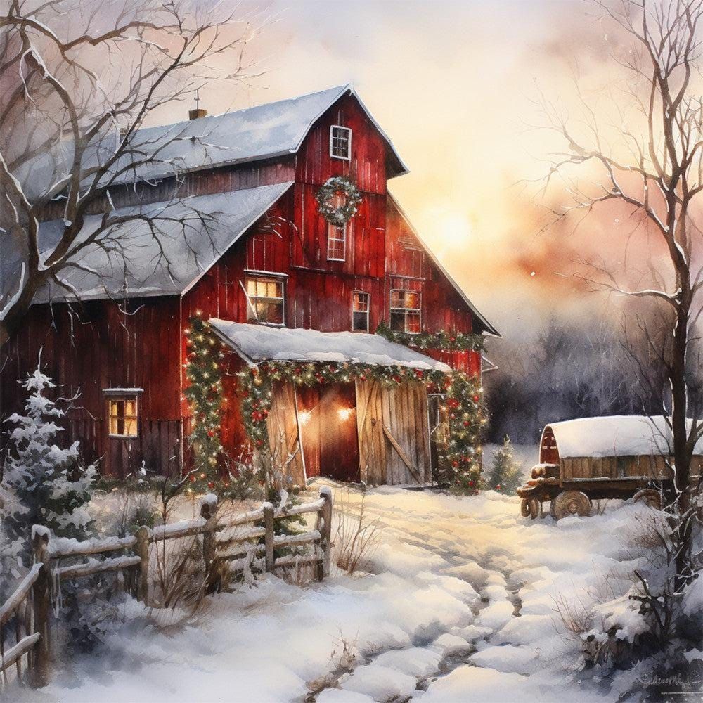 Red barn with Christmas wreath in snowy winter landscape at sunset with bare trees and snow-covered path