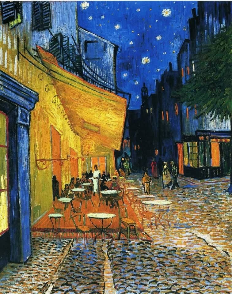 Painting of a lit cafe terrace on a cobblestone street at night under a starry sky