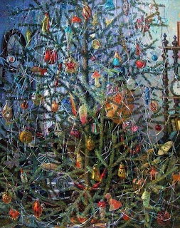 Detailed painting of a Christmas tree heavily decorated with colorful ornaments and tinsel