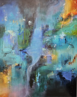 Abstract painting with blue, teal, and orange brushstrokes on a dark background