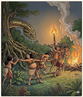 Illustration of indigenous people with torches confronting a large snake in a jungle at night