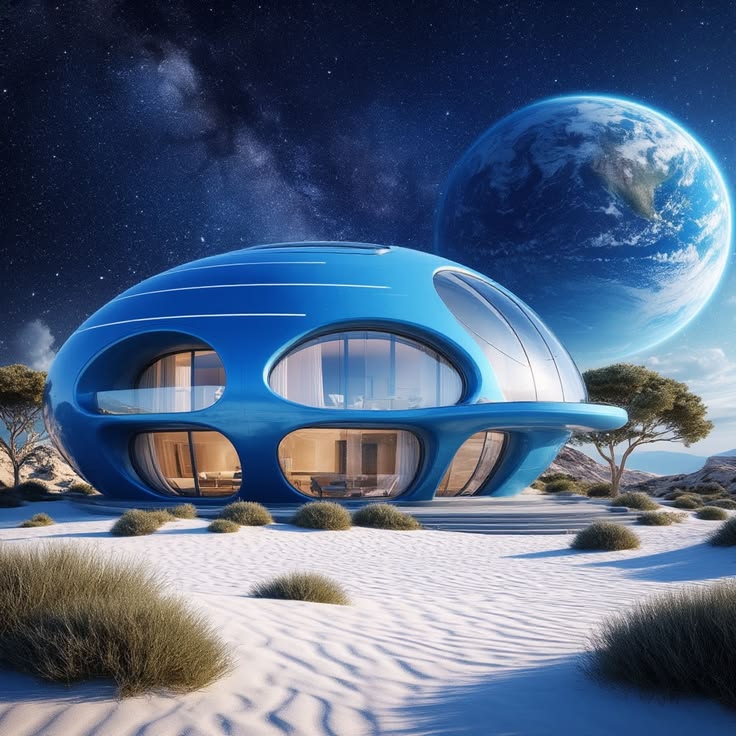 Futuristic blue dome house on a sandy alien world with a large planet in the sky