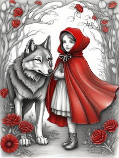 Illustration of a girl in a red hood and cape standing next to a grey wolf surrounded by red roses