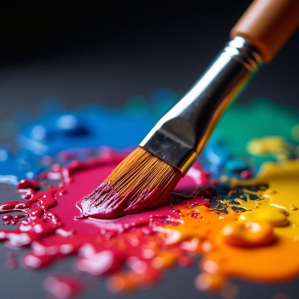 Paintbrush touching colorful splashes of pink, orange, yellow, blue, and green paint on dark surface