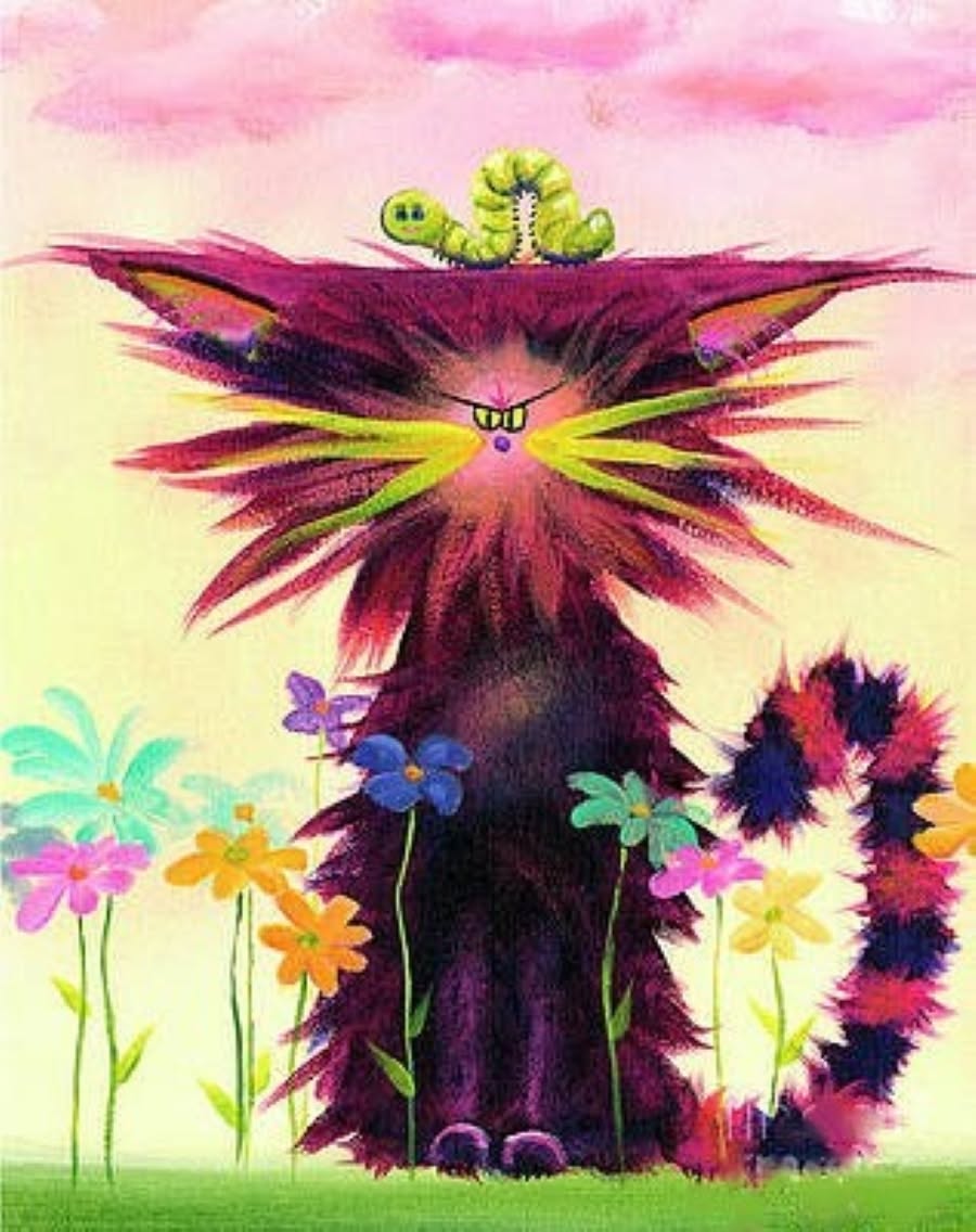 Illustration of a shaggy pink and black cat with yellow eyes surrounded by colorful flowers