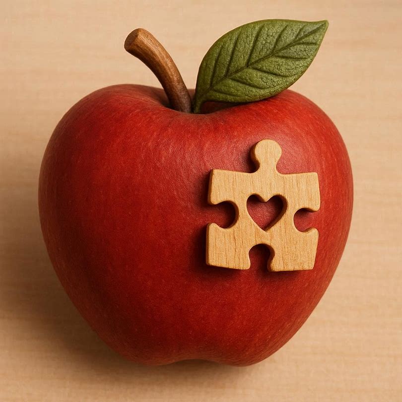 Red apple with green leaf and wooden puzzle piece with heart cutout on stem