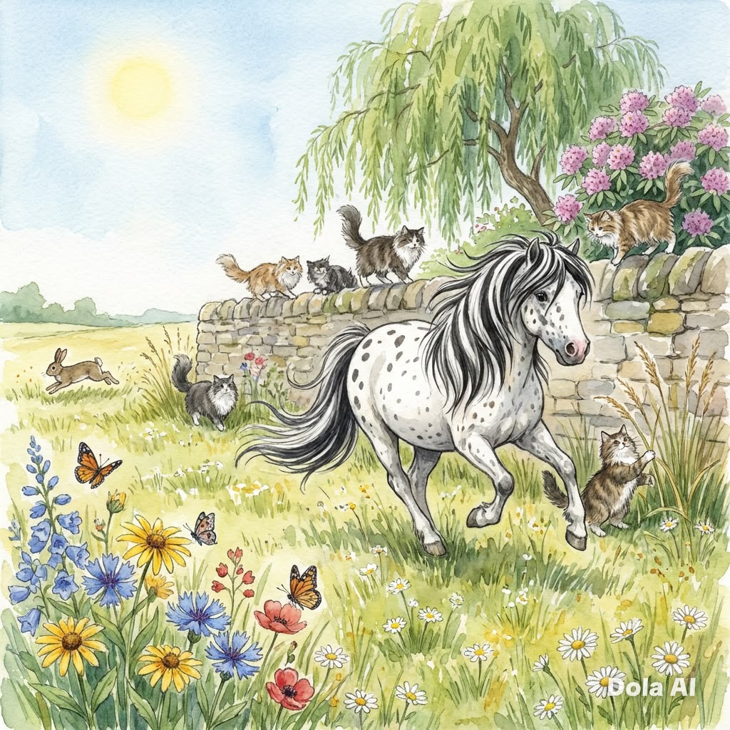 Watercolor of a spotted horse in a flower meadow by a stone wall, with cats and butterflies