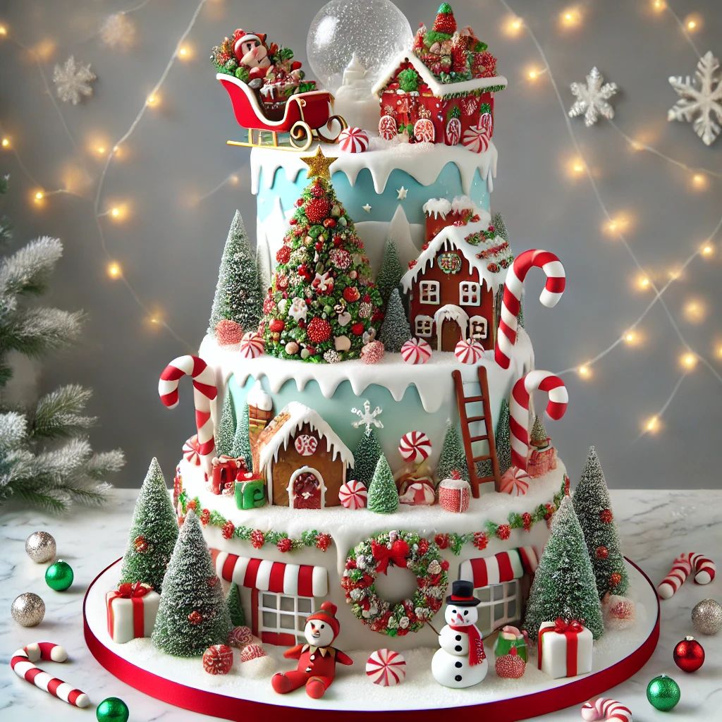 Three-tier Christmas cake with gingerbread houses, trees, candy canes, and holiday decorations