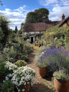Stone cottage with flowering garden path, lavender borders, and terracotta planters