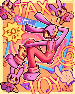 Jax the pink rabbit from The Amazing Digital Circus in a vibrant cartoon illustration with '50% OFF' toy sale text