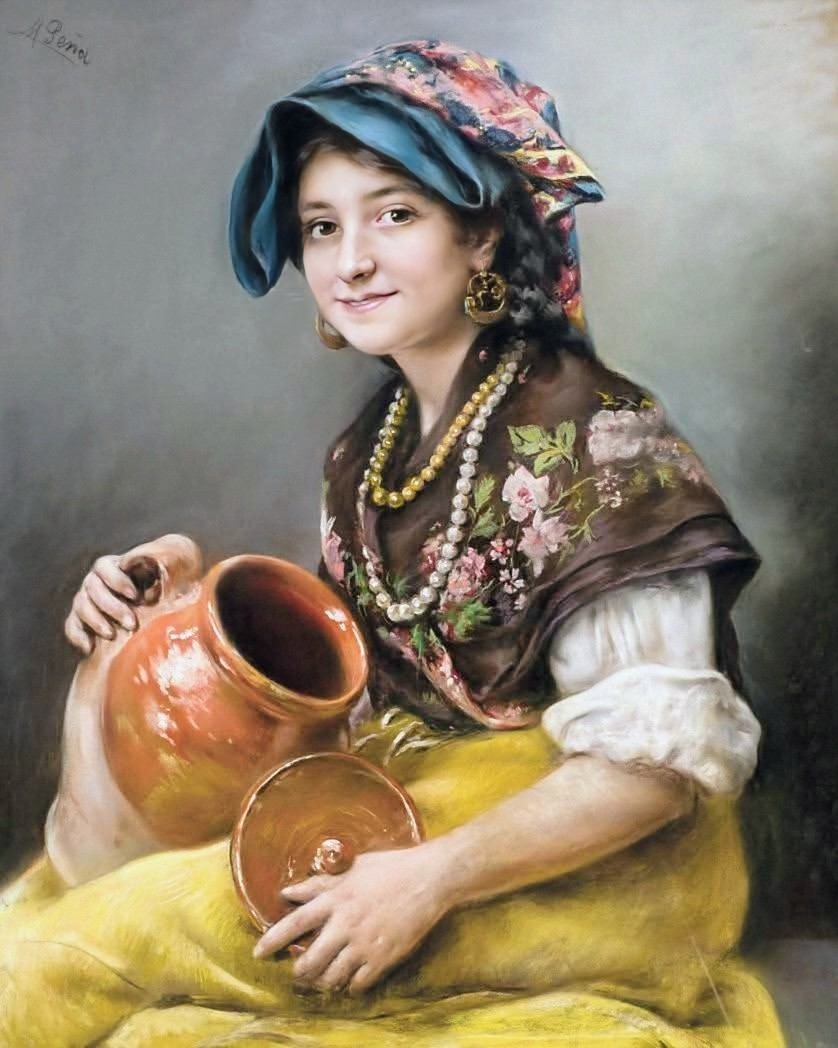 Painting of a young woman in traditional clothing holding a clay jug