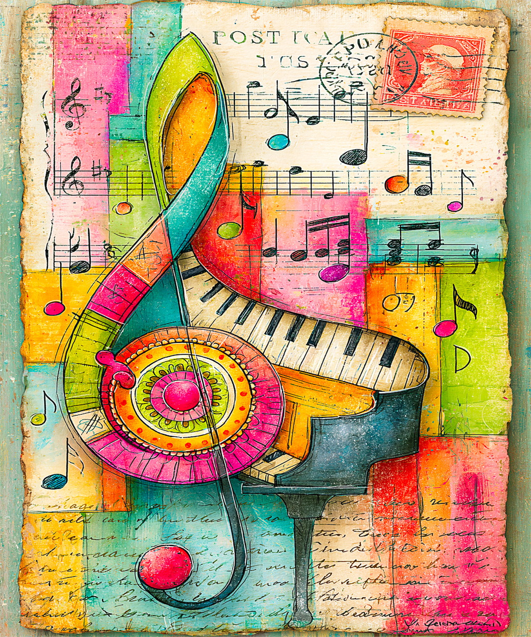 Abstract art collage with treble clef, piano keys, musical notes, and bright geometric shapes on textured vintage paper