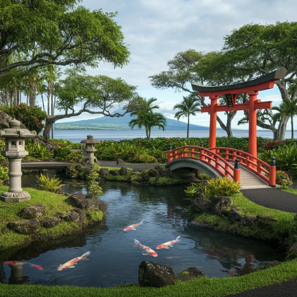 Red torii gate and bridge over koi pond in tropical Japanese garden with ocean background