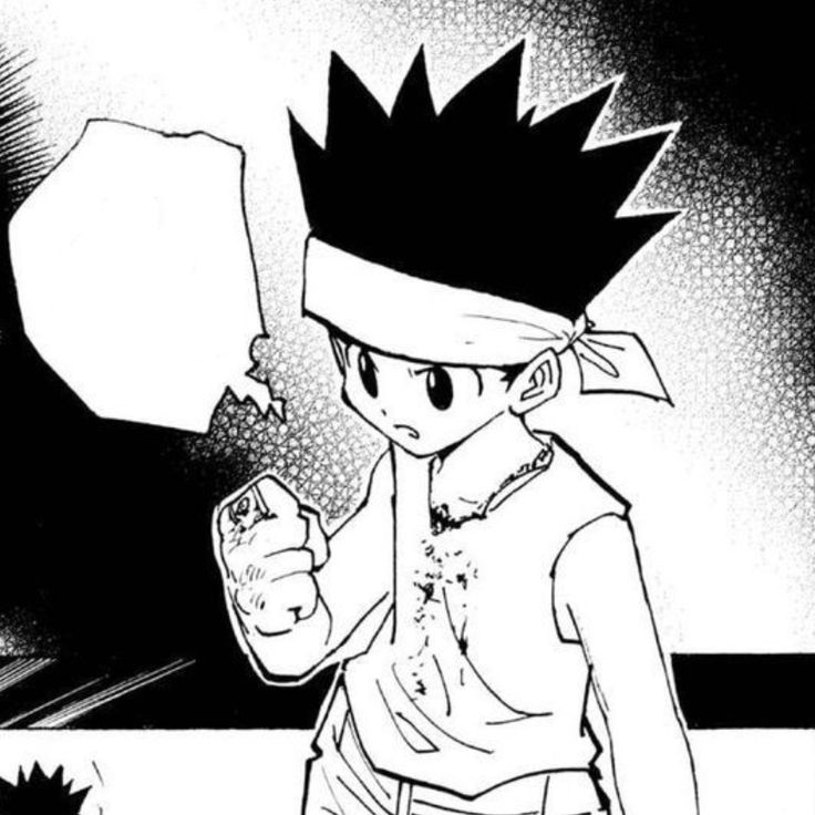 Black-and-white manga panel showing Gon with spiky hair and a headband