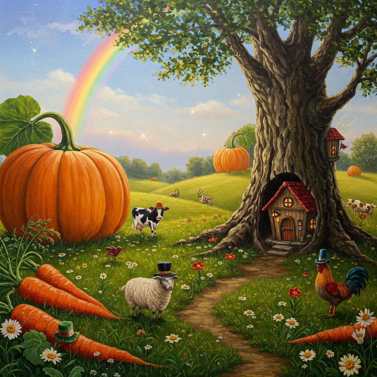 Whimsical farm landscape with oversized vegetables, tree cottage, cow, chicken, and rainbow over rolling hills