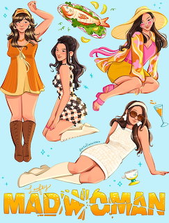 Illustrated women in retro fashion styles with 'Lucky Mad Woman' text, featuring food and drink decorations