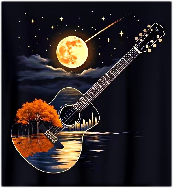 Illustrated acoustic guitar with moon, stars, orange trees, and water reflections at night
