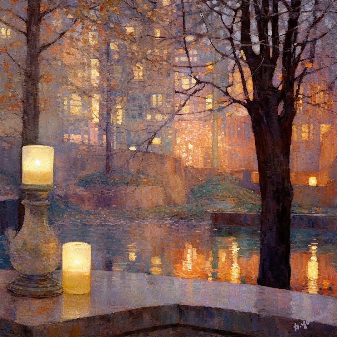 Painting of a twilight park with candles, trees, and warm reflections on water