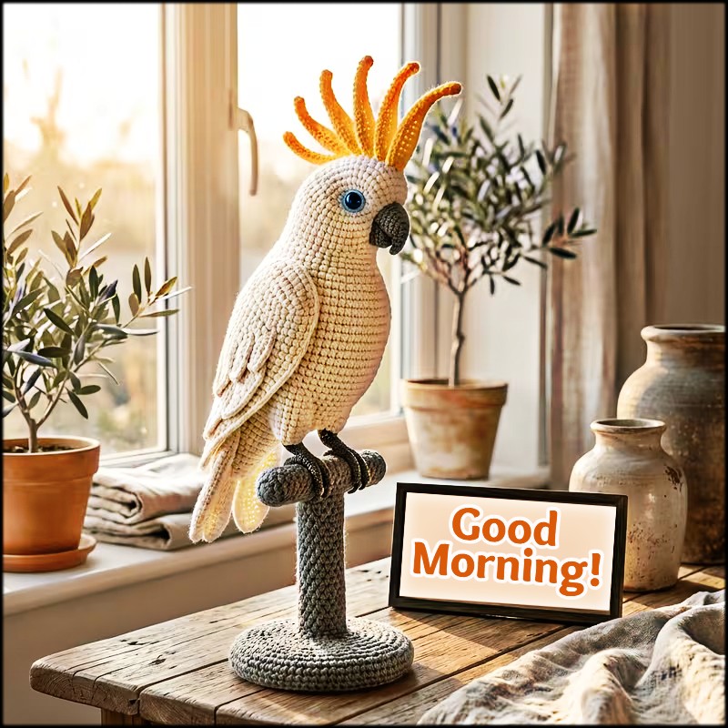 Crocheted cockatoo on a stand by a window with potted plants and a framed Good Morning sign
