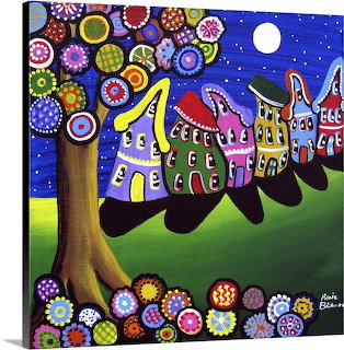 Whimsical folk art painting of colorful houses with geometric patterns, tree with mandala flowers under starry night sky