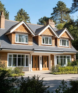 Two-story house with wood siding, multiple gabled windows, and front landscaping