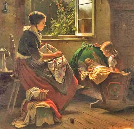 Vintage painting of a woman sewing beside a child near an open window indoors