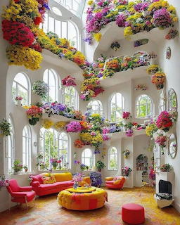 Multi-level white interior with arched windows covered in colorful hanging flowers and bright modern furniture below