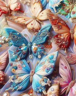 Collection of decorative butterfly ornaments with jeweled and painted wings in blue, pink, and gold colors