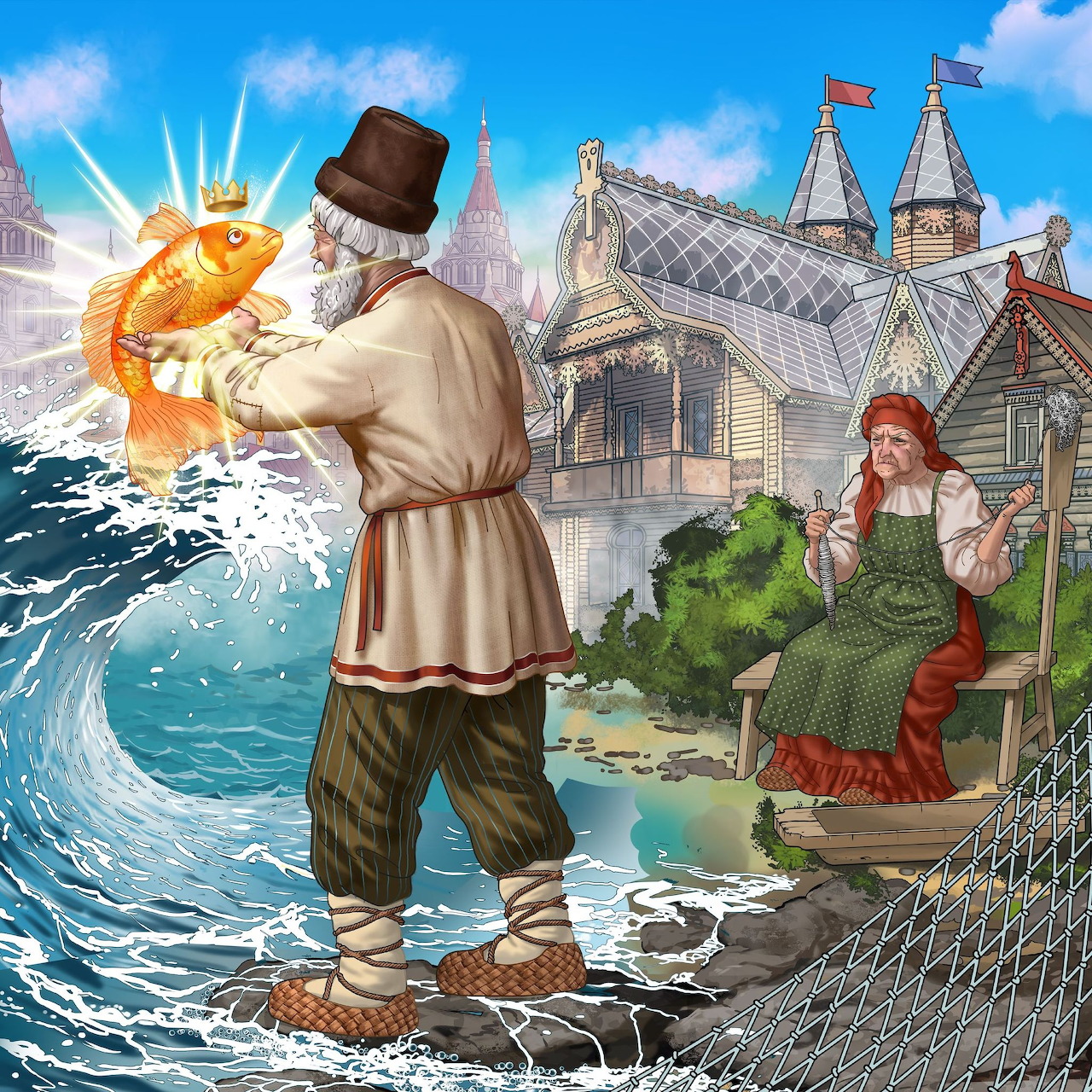 Fisherman holding glowing golden fish by the sea with woman and cottage in background