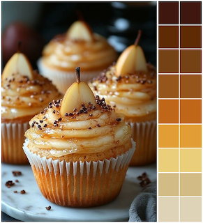 Cupcakes with caramel swirl frosting topped with small pears and sprinkles next to a warm color palette
