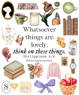 Illustrated collage of flowers, butterflies, books, cups, fruit basket, and a Bible verse quote