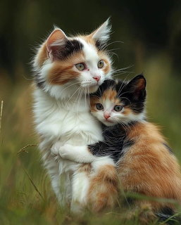 Fluffy calico cat cuddling a calico kitten in grass