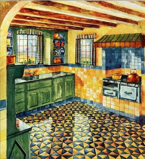 Illustrated vintage kitchen with yellow tiled walls, ornate patterned floor, green cabinetry, and classic white stove