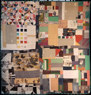 Abstract patchwork collage of fabric swatches and quilt squares in various colors, patterns, and textures