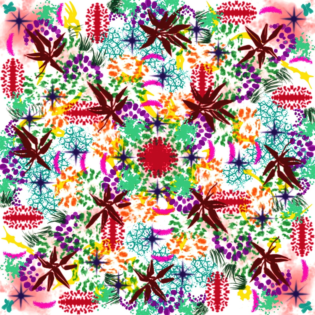 Colorful abstract kaleidoscope design with mirrored floral and starburst motifs