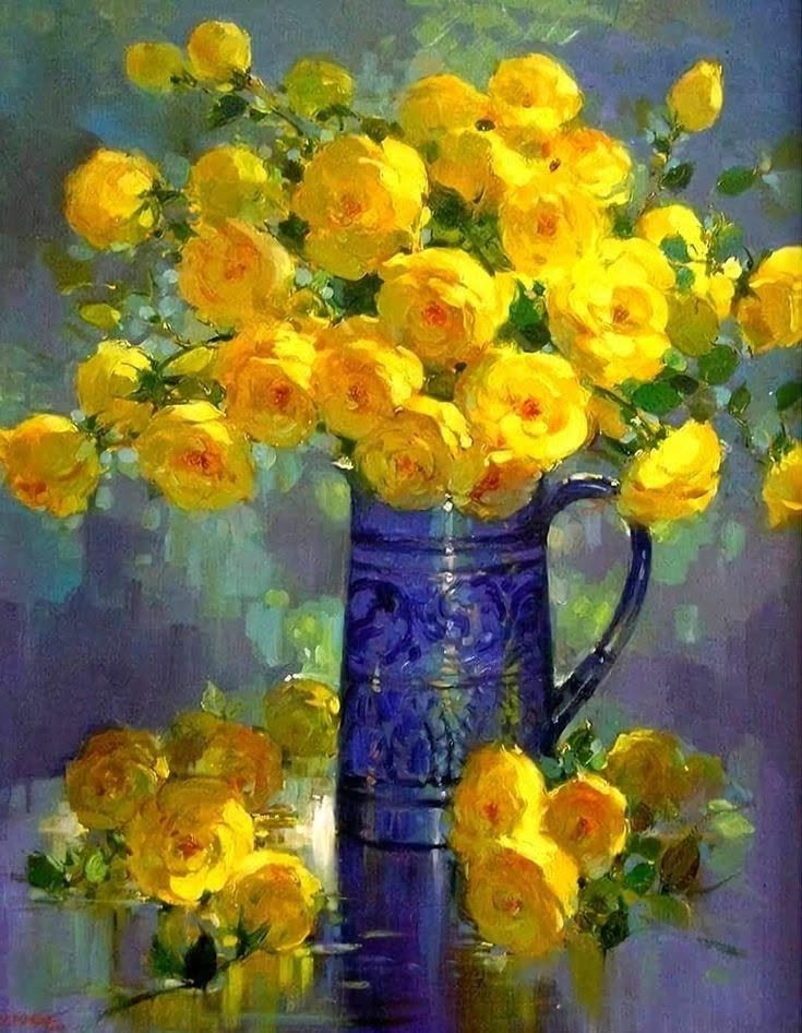 Yellow Roses in Blue Vase