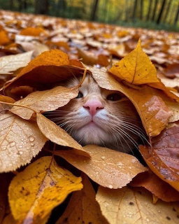 Orange and white cat peeking out from under wet autumn leaves on the ground