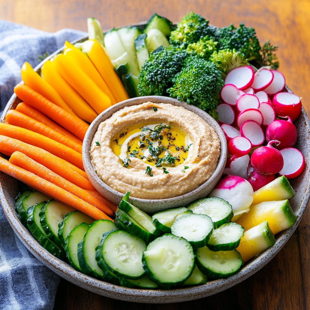 Fresh vegetable platter with hummus dip, featuring carrots, cucumber, broccoli, radishes and peppers