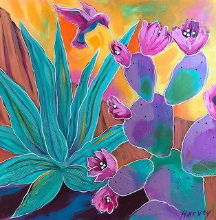 Hummingbird flying near purple cacti and turquoise desert plants with orange and yellow sunset sky