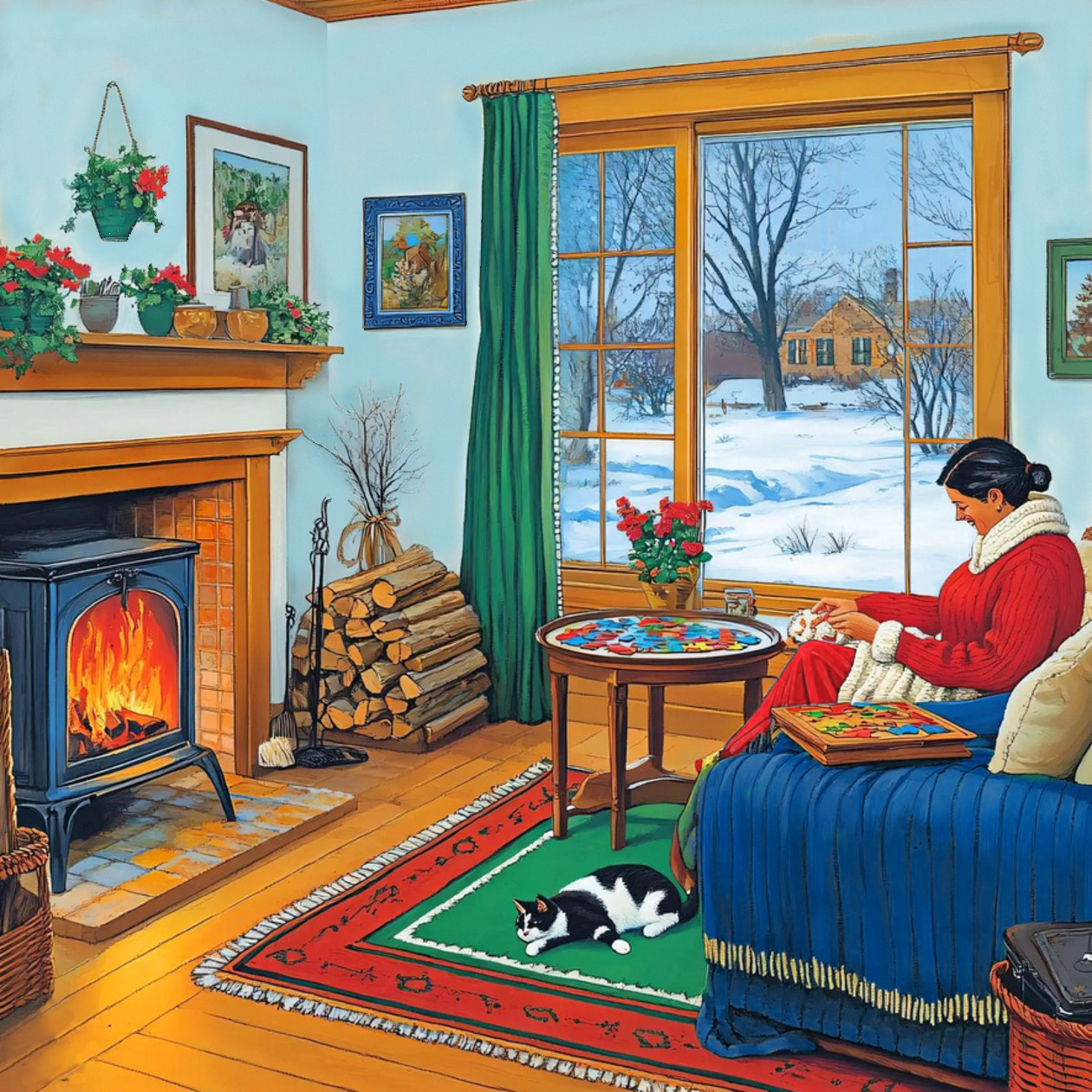 Woman reading in armchair by fireplace with cat, winter view through window