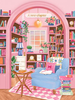 Cozy pink library room with blue armchair, bookshelves, arched doorway, and window with decorative text above