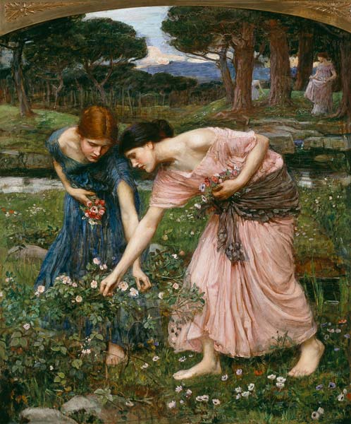 Two women in pink and blue robes picking flowers in a garden, classical painting style
