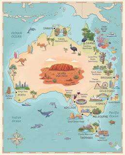 Illustrated cartoon map of Australia showing landmarks, animals, and major cities